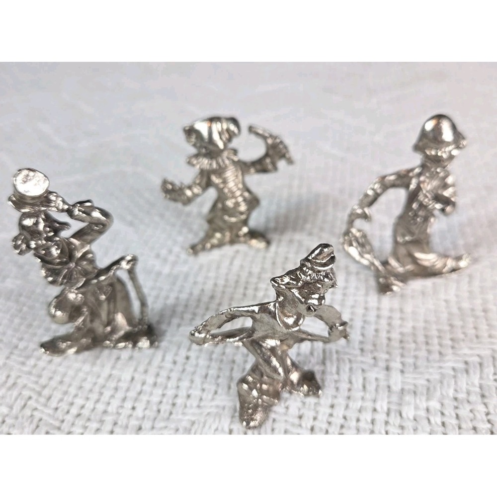 Vintage 80s Miniature Pewter Clown Figurines Lot of 4 Circus Hobo Metal Figures
